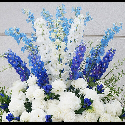 配達回収無料 スタンド花1段 デルフィニュームブルー系3種 トルコキキョウ バラほか 新宿 花屋 Flowershopivy 配達回収無料 スタンド花1段 デルフィニュームブルー系3種 トルコキキョウ バラほか 新宿 花屋 Flowershopivy